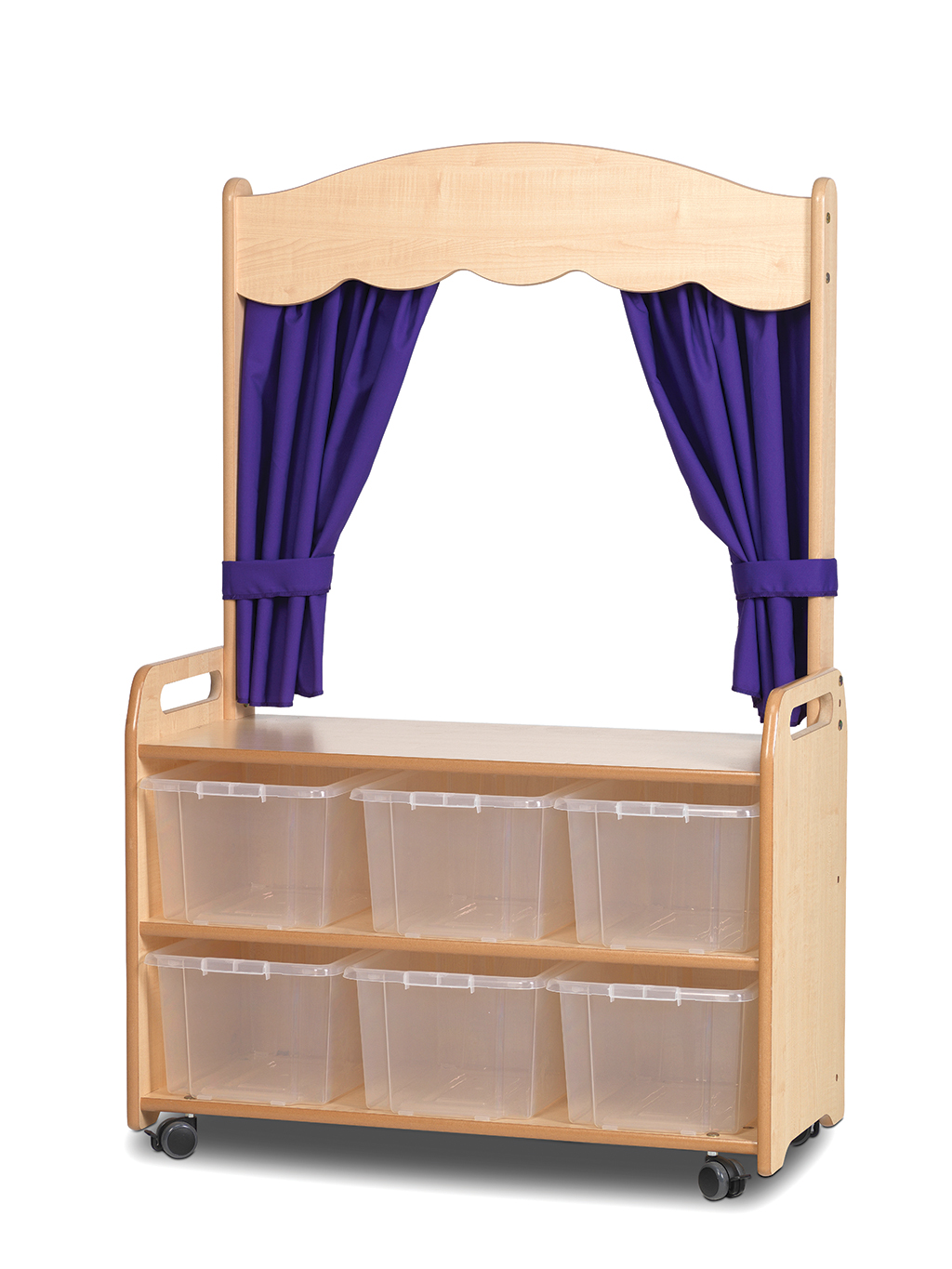 Kaufladen, Theaterwagon, Kisten, Rollwagen, Vorhang, Holzkindertisch, Kleiderspielzeugregal, Aufbewahrungskisten, Kinderaufbewahrungstisch, Rollregal mit Kisten