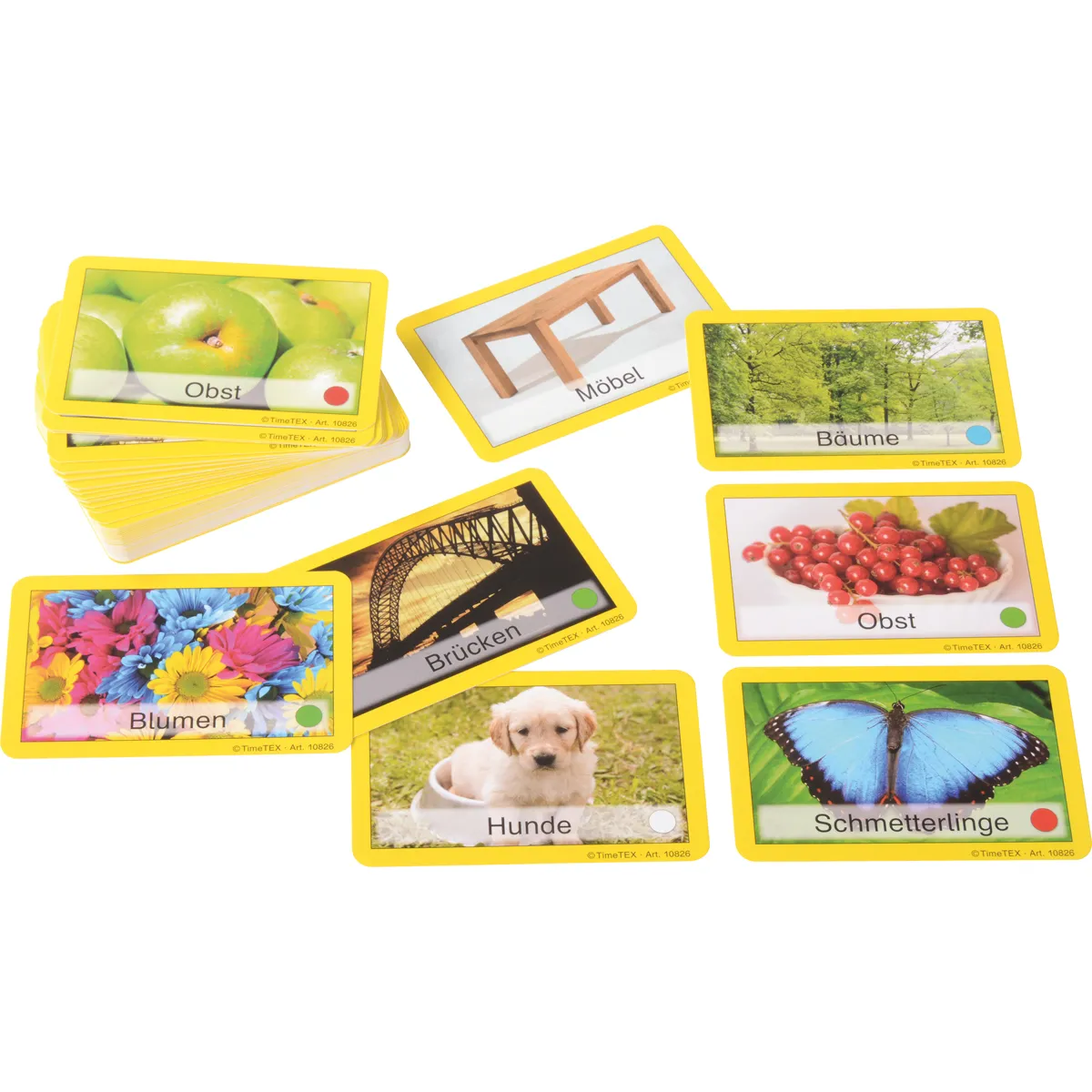 Karten, Lernkarten, Objektkarten, Motivkarten, Gelbrahmen, Obst, Blumen, Hunde, Schmetterlinge, Brücken