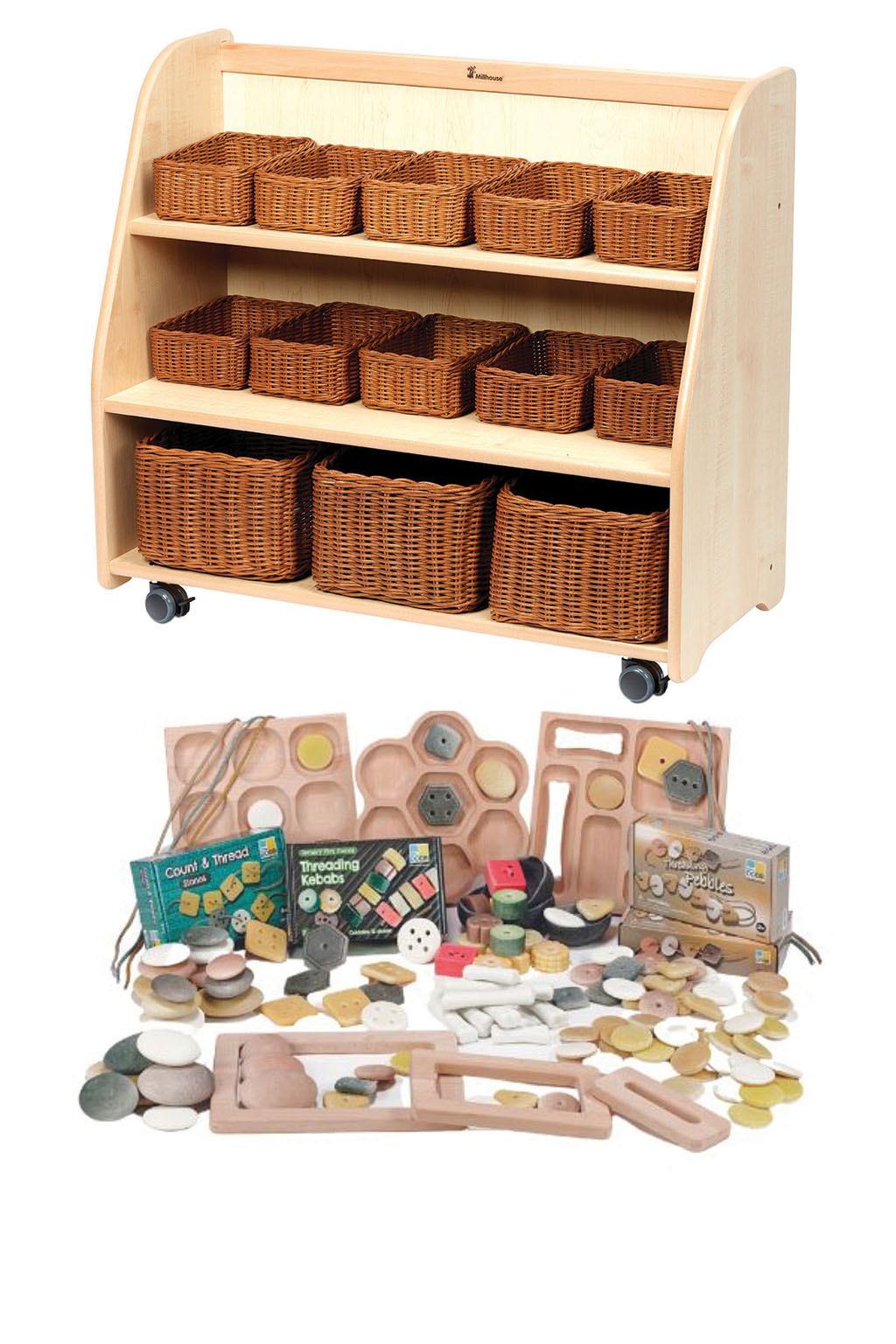 Holzregal, Aufbewahrungsregal, Wicker Körbe, Rollregal, Kinder Spielzeugset, Holzkorpus, Aufbewahrungskörbe, Holzregal, Korbregal, Holzspielzeug
