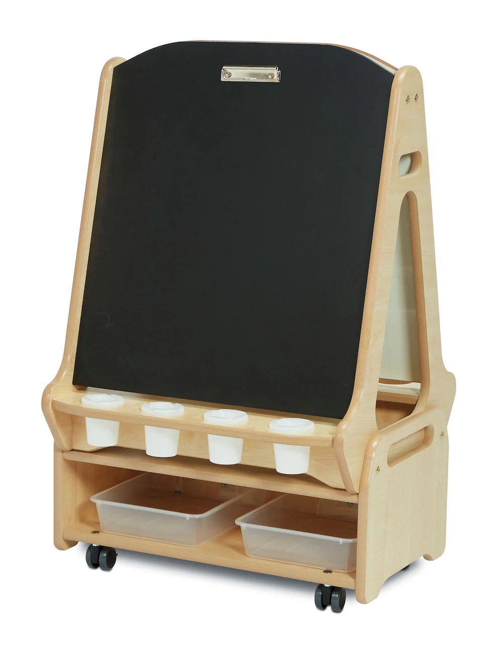  Doppelseitige 2-Stationen-Kreide-/Whiteboard-Staffelei mit niedrigem Ablagewagen