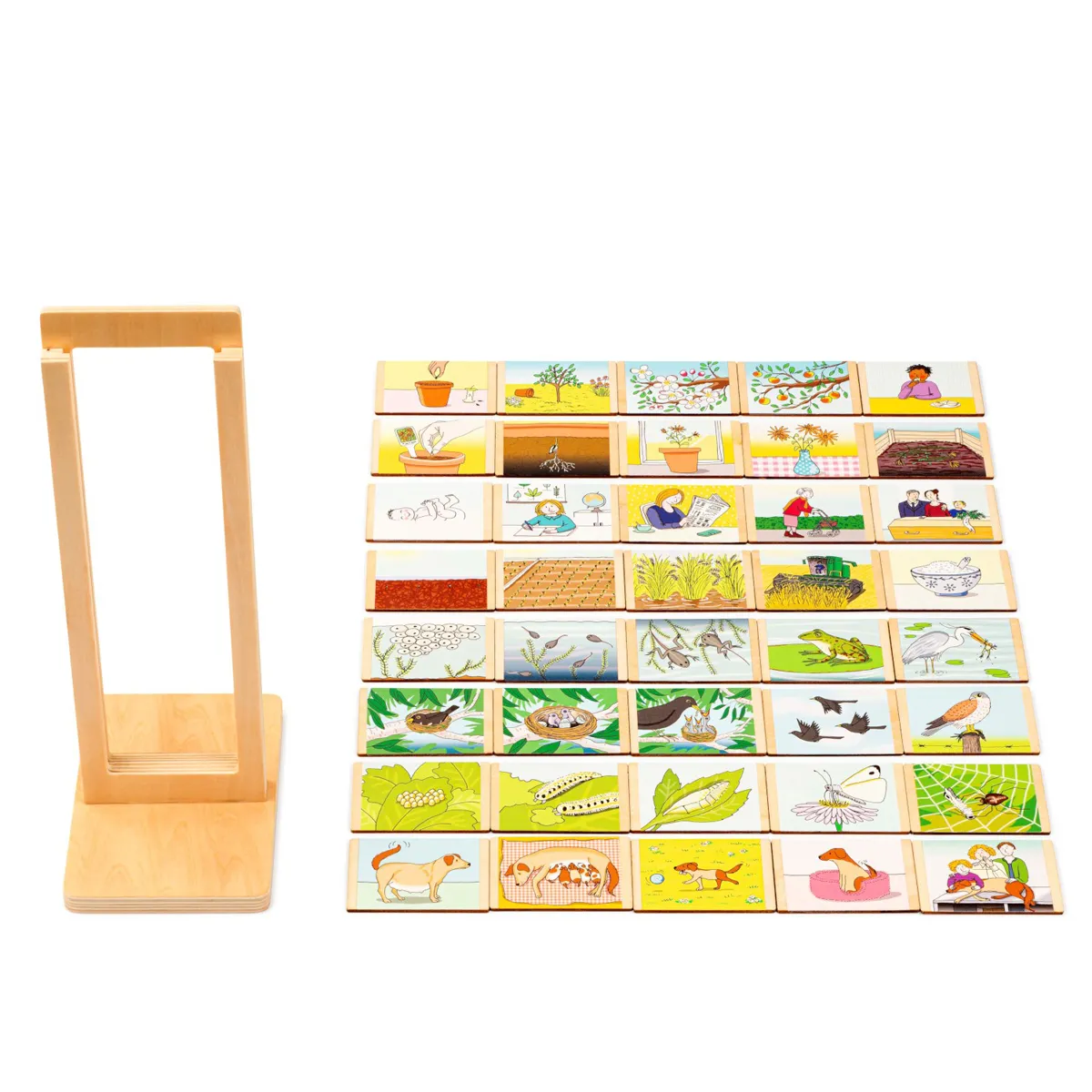 Holzständer, Puzzle-Karten, Lerntafel, Holzklötze, Bilderserie, Lernspiel, Holzsteckspiel, Memory, Tierbilder, Bildkarten