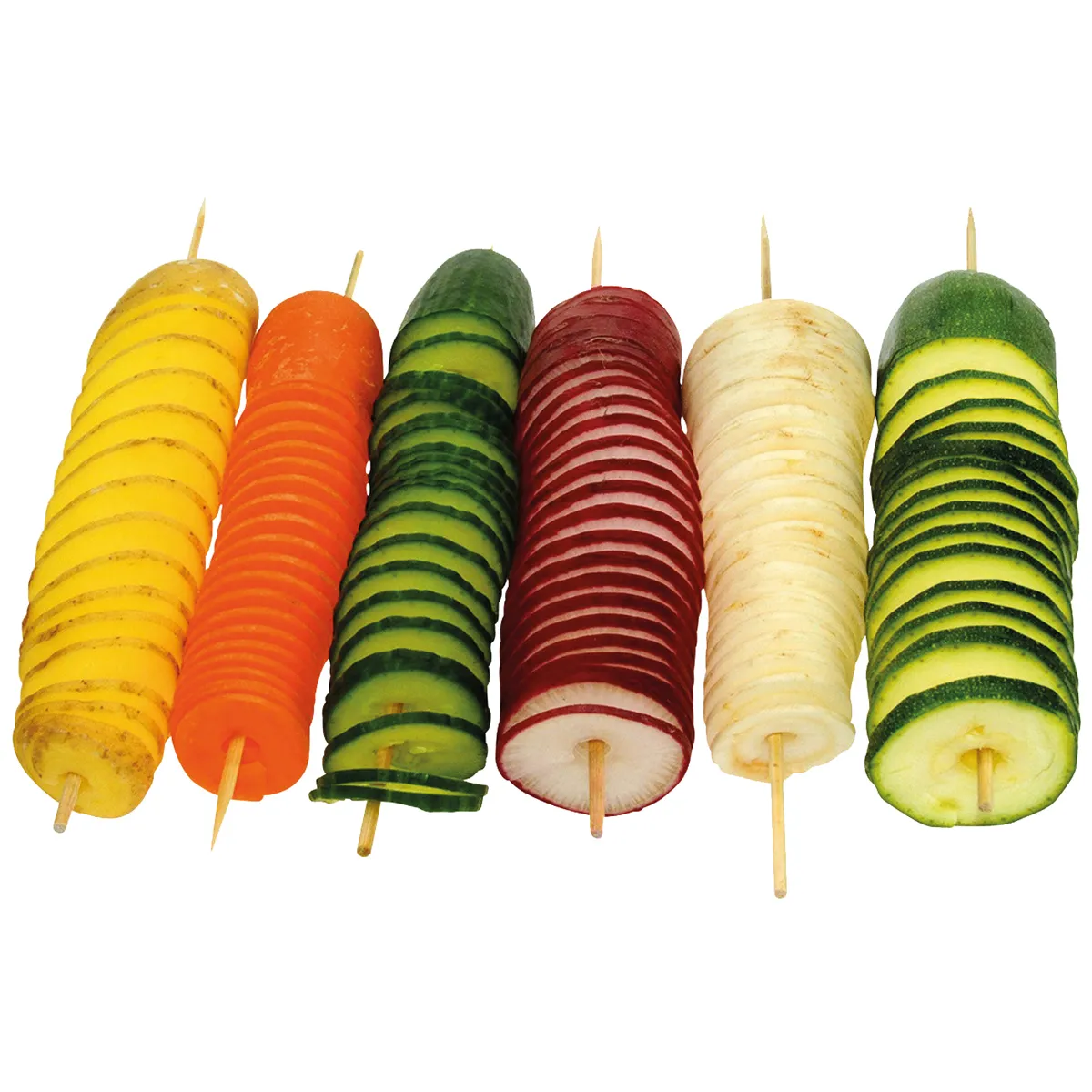 Gemischte Farben, Spieße, Gemüse, Spiralscheiben, Mehrfarbig, GemüseSpiralen, Gemüsespieße, ZucchiniScheiben, RoteBeeteKreise, KürbisSpiralen