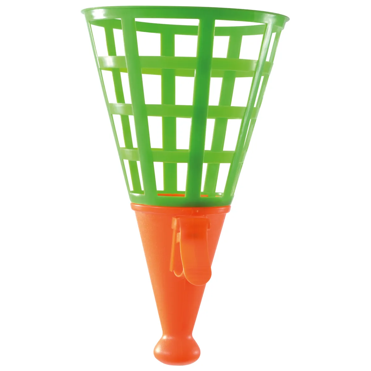 net, kegelhütchen, korb, grün, orange, Basketball Hoop?, No, image shows a plastic scoop?, Green basket with orange handle, Plastic party scoop, Colorful funnel-like object