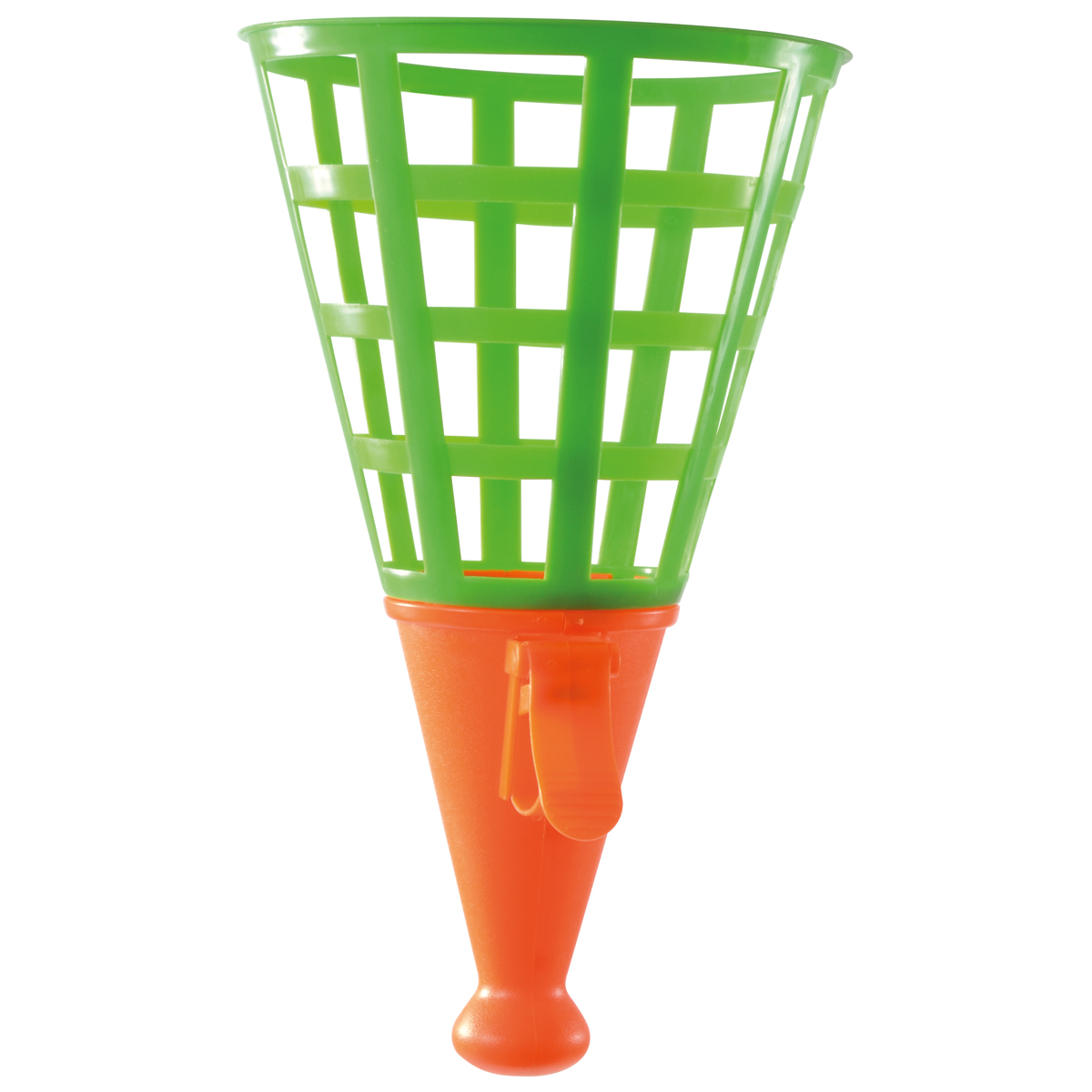 net, kegelhütchen, korb, grün, orange, Basketball Hoop?, No, image shows a plastic scoop?, Green basket with orange handle, Plastic party scoop, Colorful funnel-like object