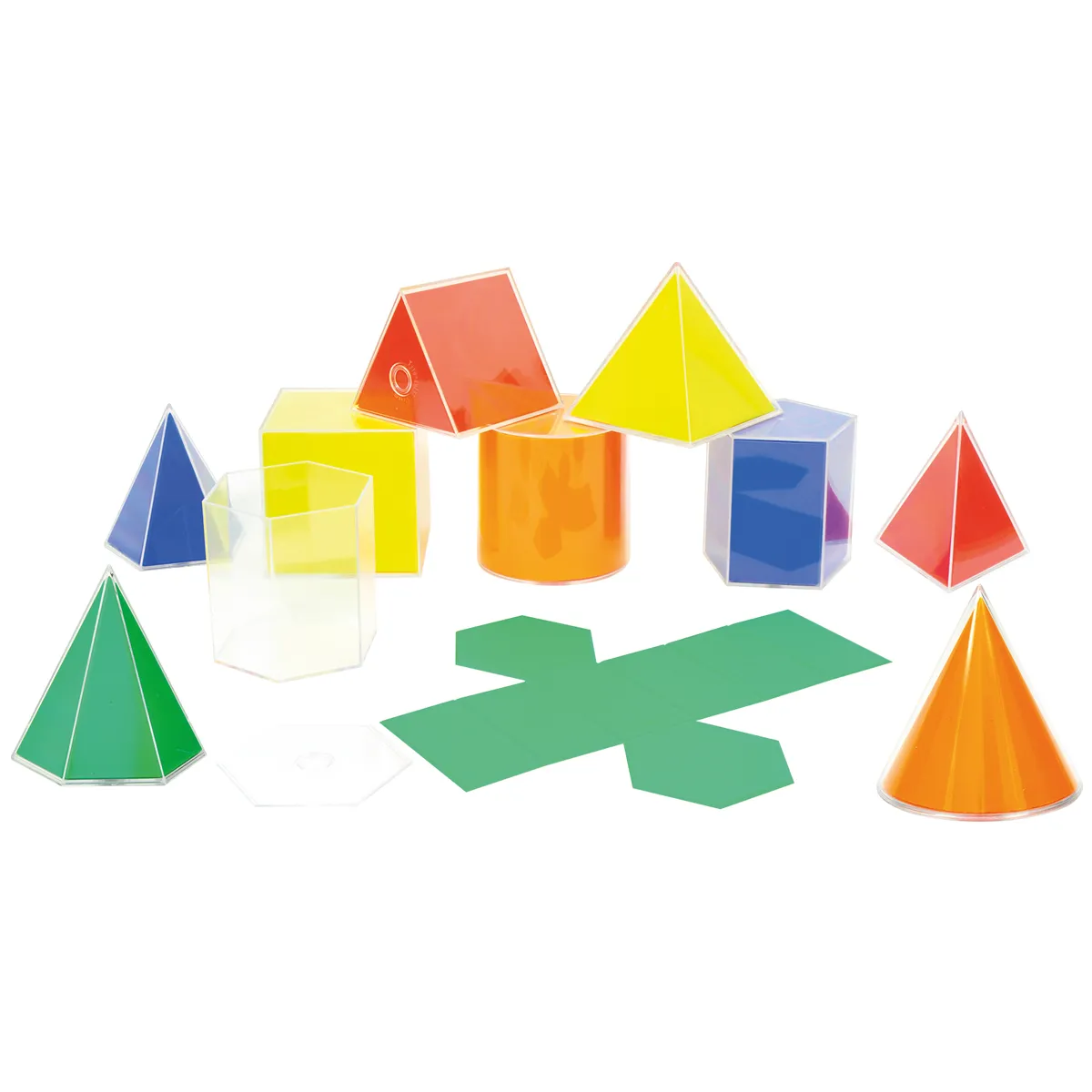 geometrische formen, bunte blokke, pyramiden, würfel, tangram-stücke, Geometrische Formen, Spielzeugset, Transparente Kunststoffteile, Pyramide, Flachformen