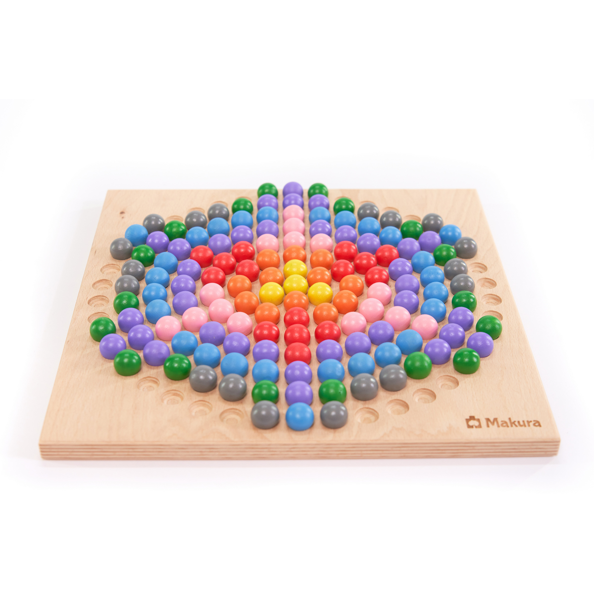 Holzbrett, buntes Perlenbrett, farbige Holzperlen, Kugelbrett, Makura Logo