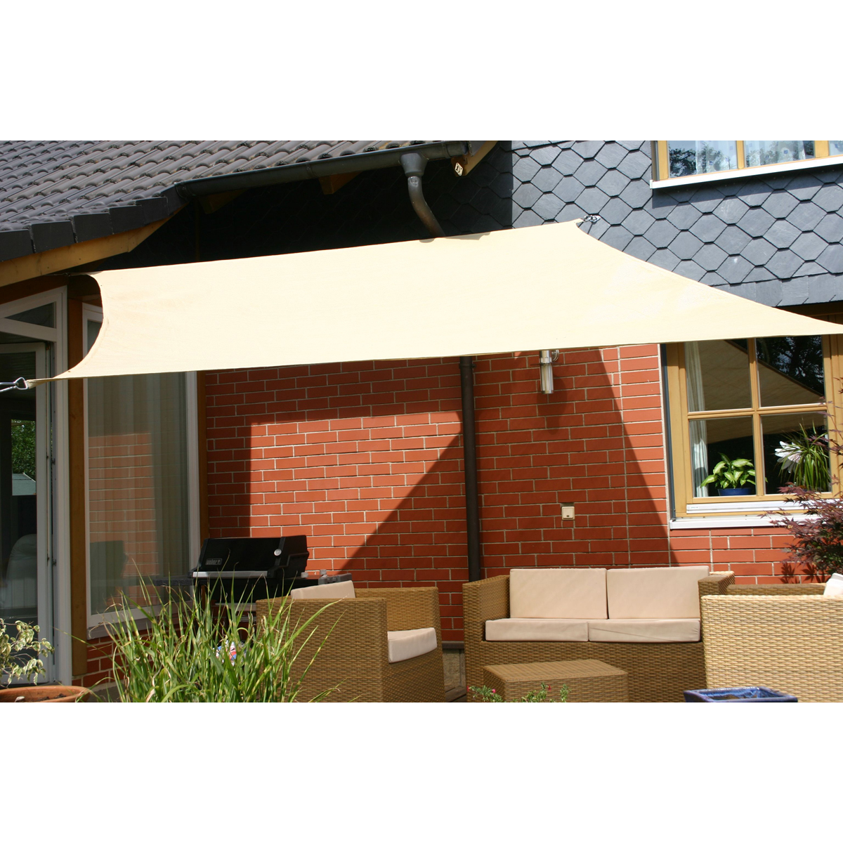 Sonnensegel, Schattensystem, Gartenmöbel, Sonnensegel beige, Außenbereich, Sonnensegel, Schattenspender, Gartenmöbel, Sitzgruppe, Holz/Seil-Gartenstuhl