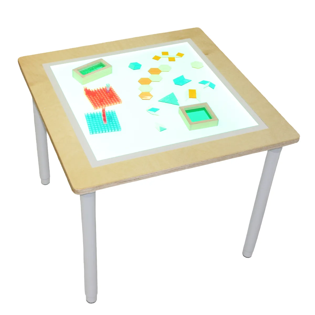 Kindertisch, Tischplatte mit Spielfeld, Holztisch, Puzzlespielzeug, Kinderaktivität, Kunsttisch, Lernspiel, Holztisch, transparente Vorrichtungen, Bunte Formteile