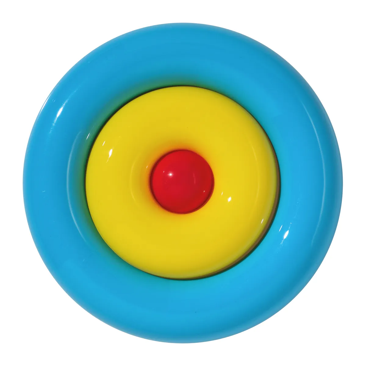 Spielzeug, Beissring, Farbig, Kreisel, Rundes Spielzeug, Spielzeug, Kreisel, Blauer Außenring, Gelber Kern, Roter Mittelpunkt