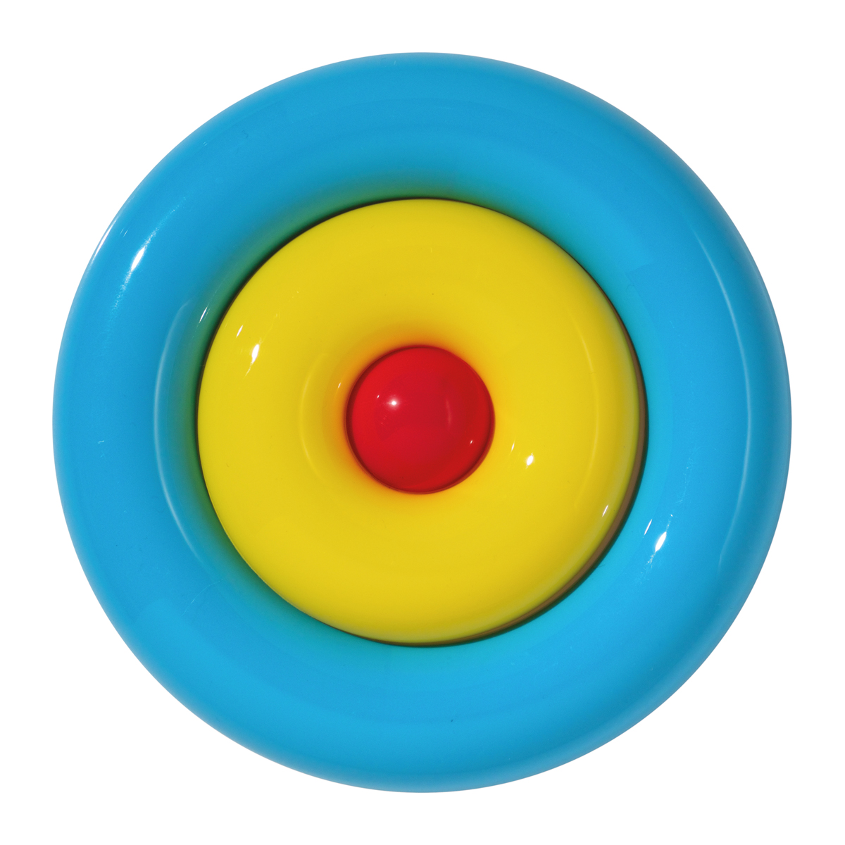 Spielzeug, Beissring, Farbig, Kreisel, Rundes Spielzeug, Spielzeug, Kreisel, Blauer Außenring, Gelber Kern, Roter Mittelpunkt