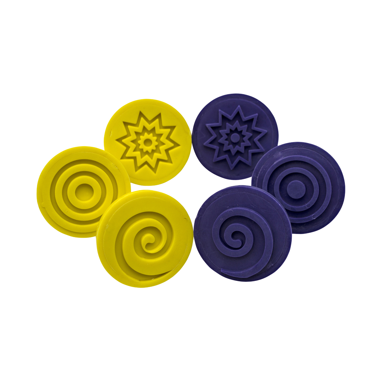 knete, spielkneten, runde scheiben, gelb, lila, knete, klebematte, farbige scheiben, spiralendesign, planetarische form