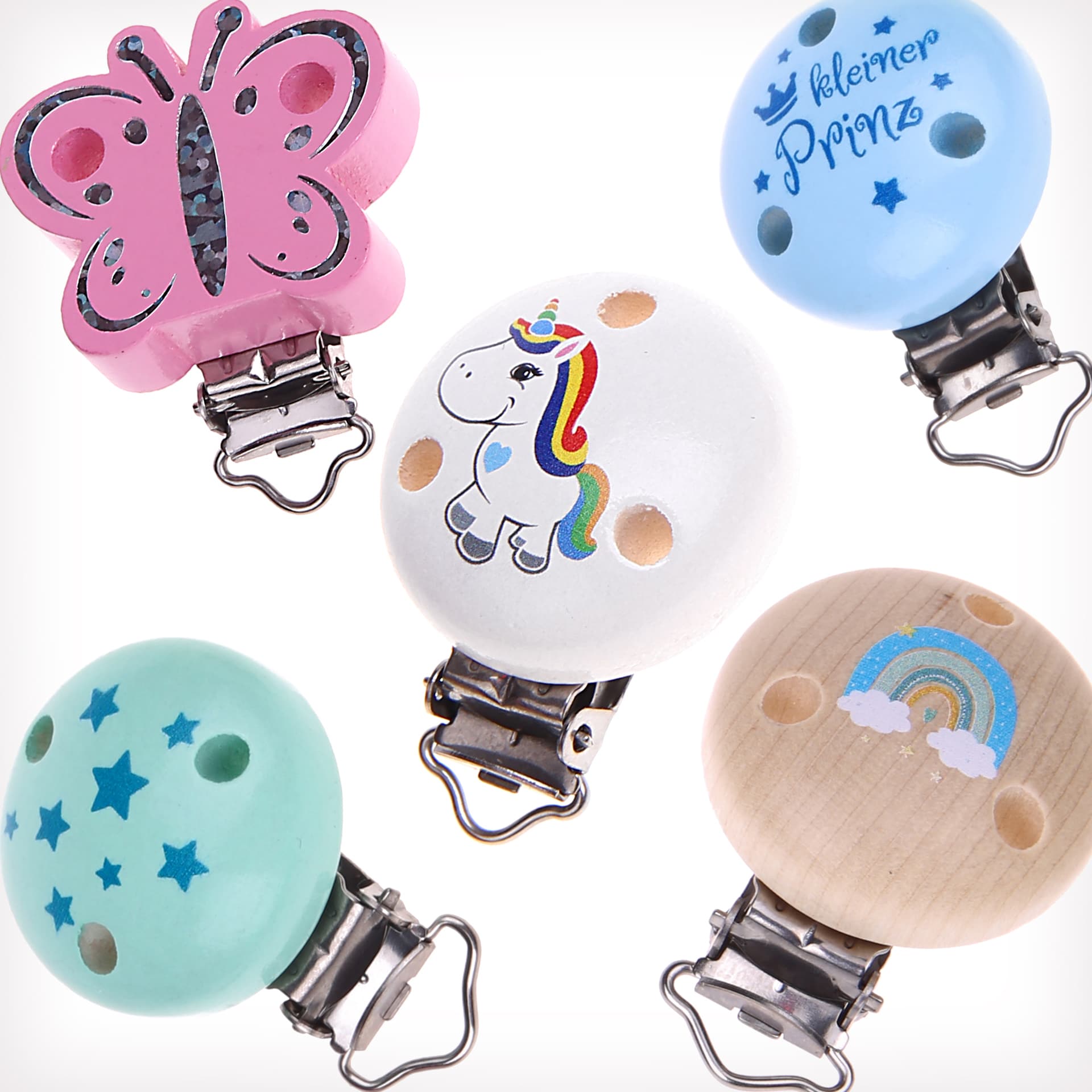 Verschiedene Schnullerkettenclips aus Holz Verschiedene Schnullerkettenclips aus Holz