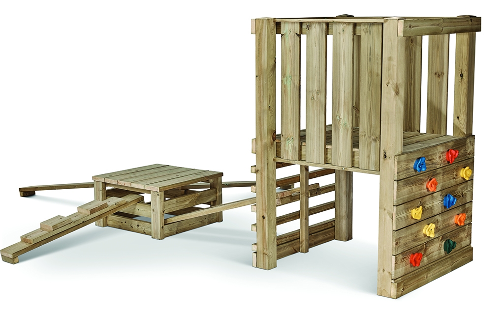 Holzspielhaus, Kletterwand, Kletterwand aus Holz, Holzspielplatz, Rutsche, Holzspielturm, Kletterturm, Kletterwand, Holztreppe, Spielgerät