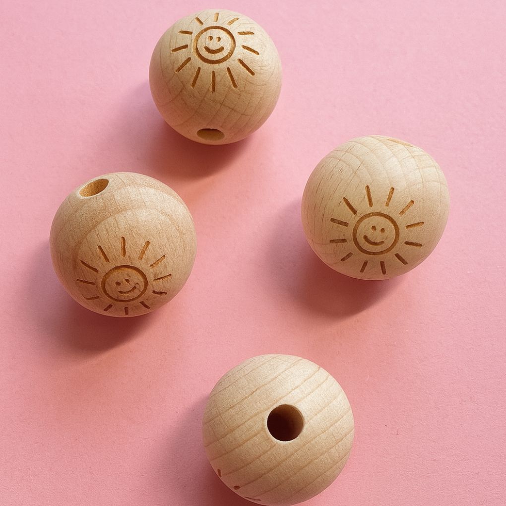 Holzperle graviert Sonne 15mm Kunst, Kunsthandwerk, Zubehör, Perle