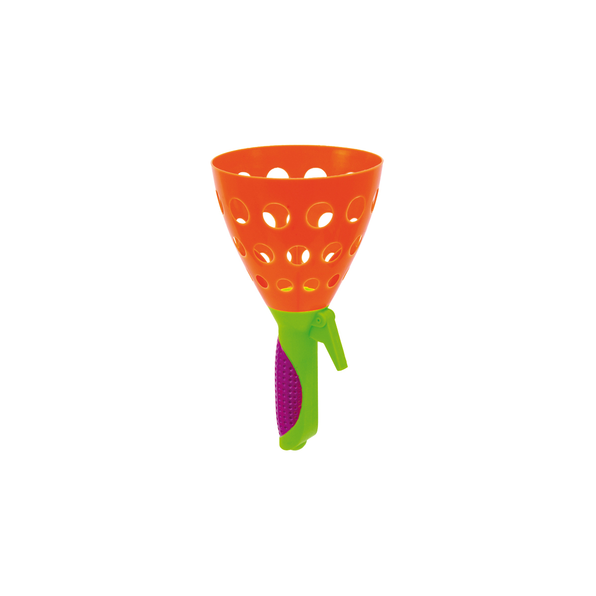 Trichter, Plastik, Orange, Griff grün, Durchlöchert, Schleuder, Gartenkralle, Harke, Perforiert, Griffgrün-Orange