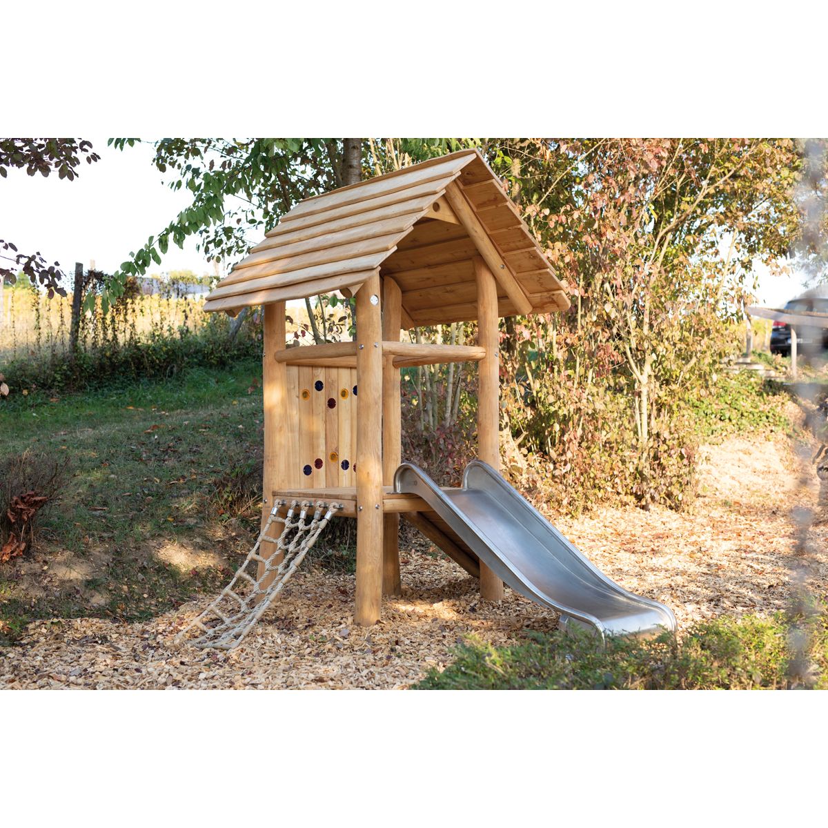 Kletterturm, Spielturm, Holzspielgerät, Rutsche, Kletternetz