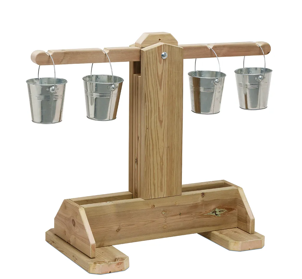 Holzspielzeug, Holzständer, Metallkügelchen, Eimerchen, Holzstativ, Holz, Kübelhalter, Holzgestell, Metallkübels, Vier Kübel