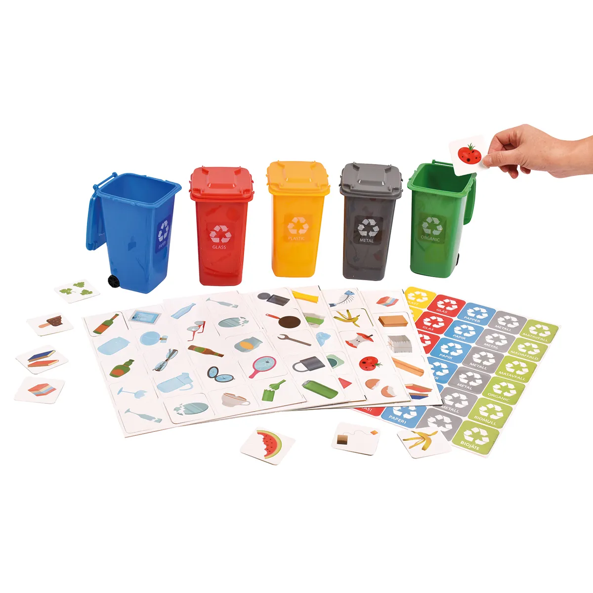 recycling bins, bunte Behälter, Sortierspiel, Bildungskarten, Abfalltrennung, Mülltrennung, Recyclingbehälter, Mülltonnen, Piktogramme, Kartenset
