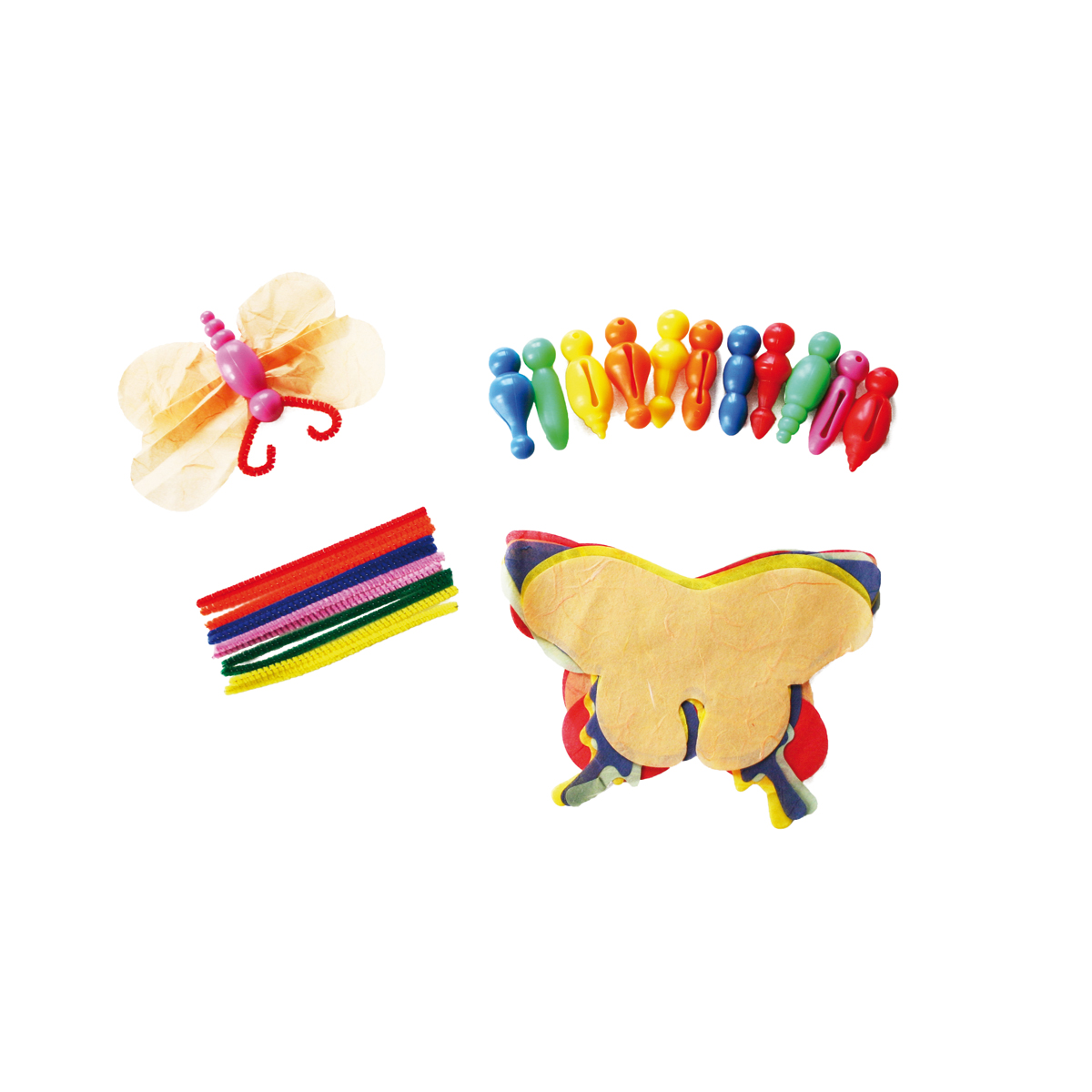 Kinderbastelset, Buntstifte, Knete, Papierflügel, Puzzleteile, kleinkindspielzeug, bunte gummi figuren, knete stäbchen?, farbige holzpuzzle?, tier form spielzeug