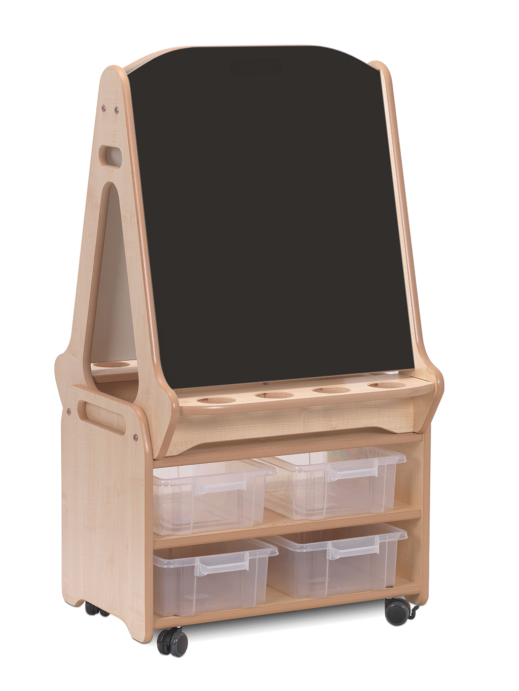 Holzrahmen, Schultafel, Kreidetafel, Aufbewahrungsschale, Rollenschränk, Schminktisch, Kreidetafel, Holzrahmen, Rollboden, Aufbewahrungsboxen