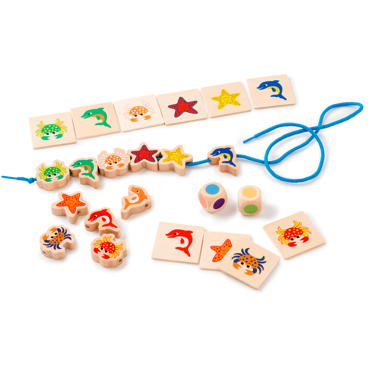 Holzspielzeug, Sea Life, Sortierspiel, Perlenkette, Würfel