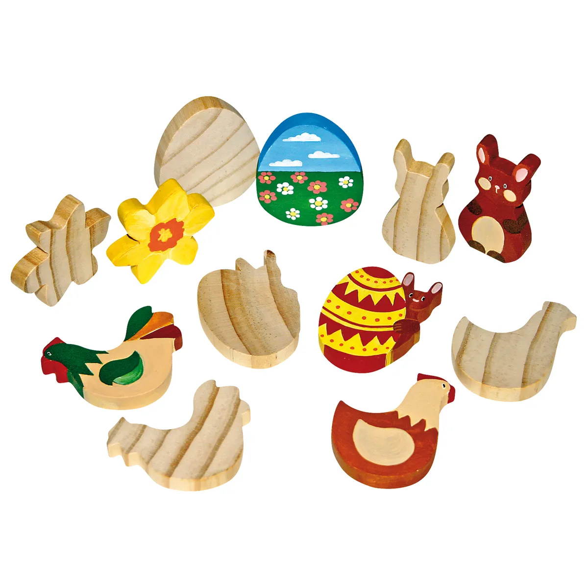 Holzdeko, Ostereier, Osterhasen, Vogel, Blumen, Holzfiguren, Ostereier, Huhn, Hasenfigur, Blumenmuster