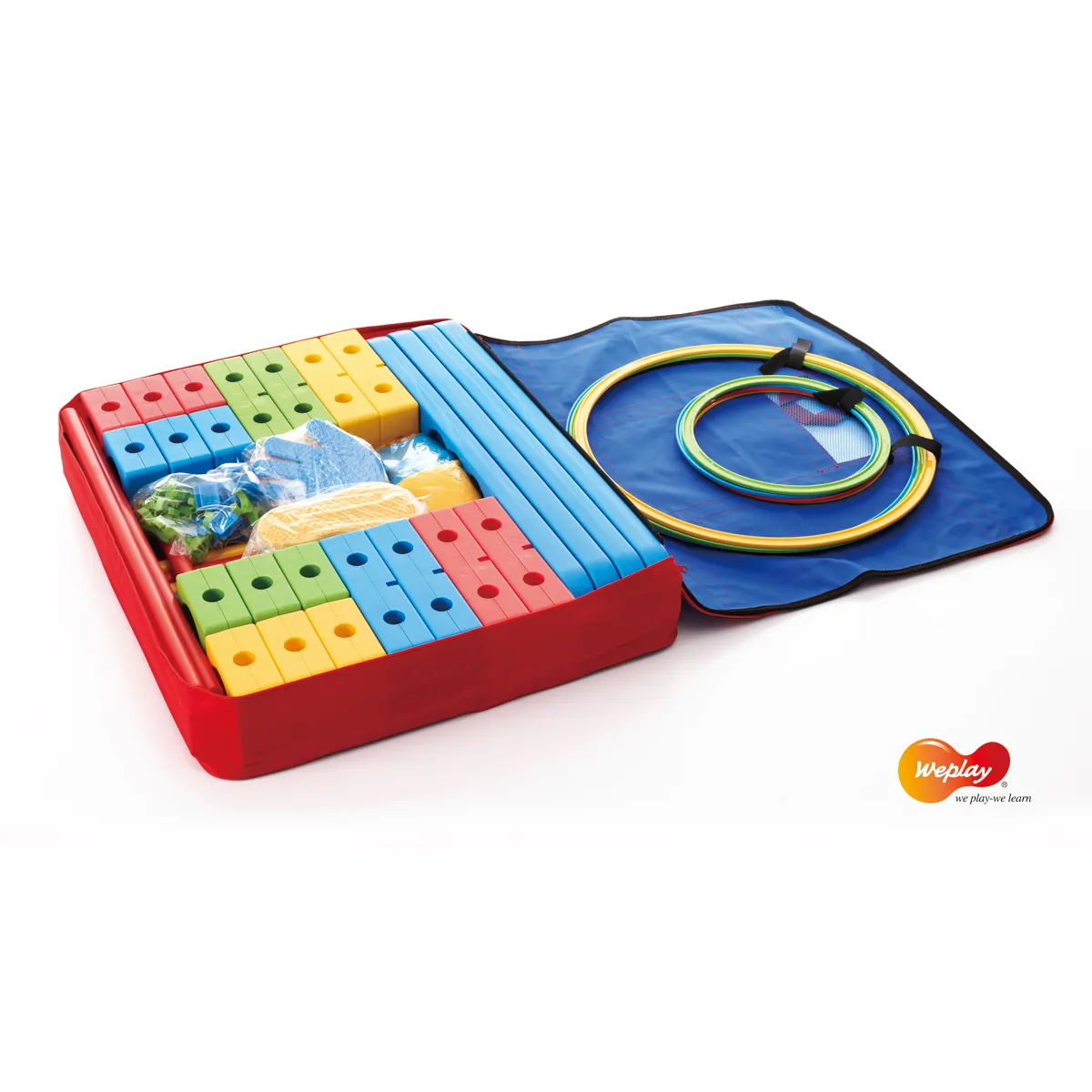 bausteine, bausteinset, spielzeug, hüpfmatten, luftball?, Bausteine, Kugelbahn, Stäbe, Hula-Hoop, Tragetasche
