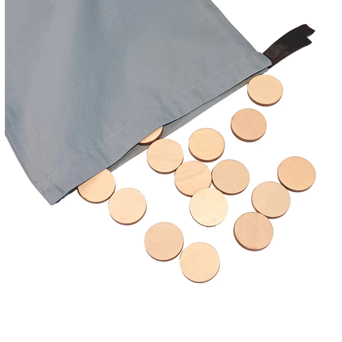 Tasche, Münzen, runde Scheiben, Kupferfarbe, Beutel-Accessoires, pouch, dots, Holzscheiben, Steckscheiben, graue Tasche