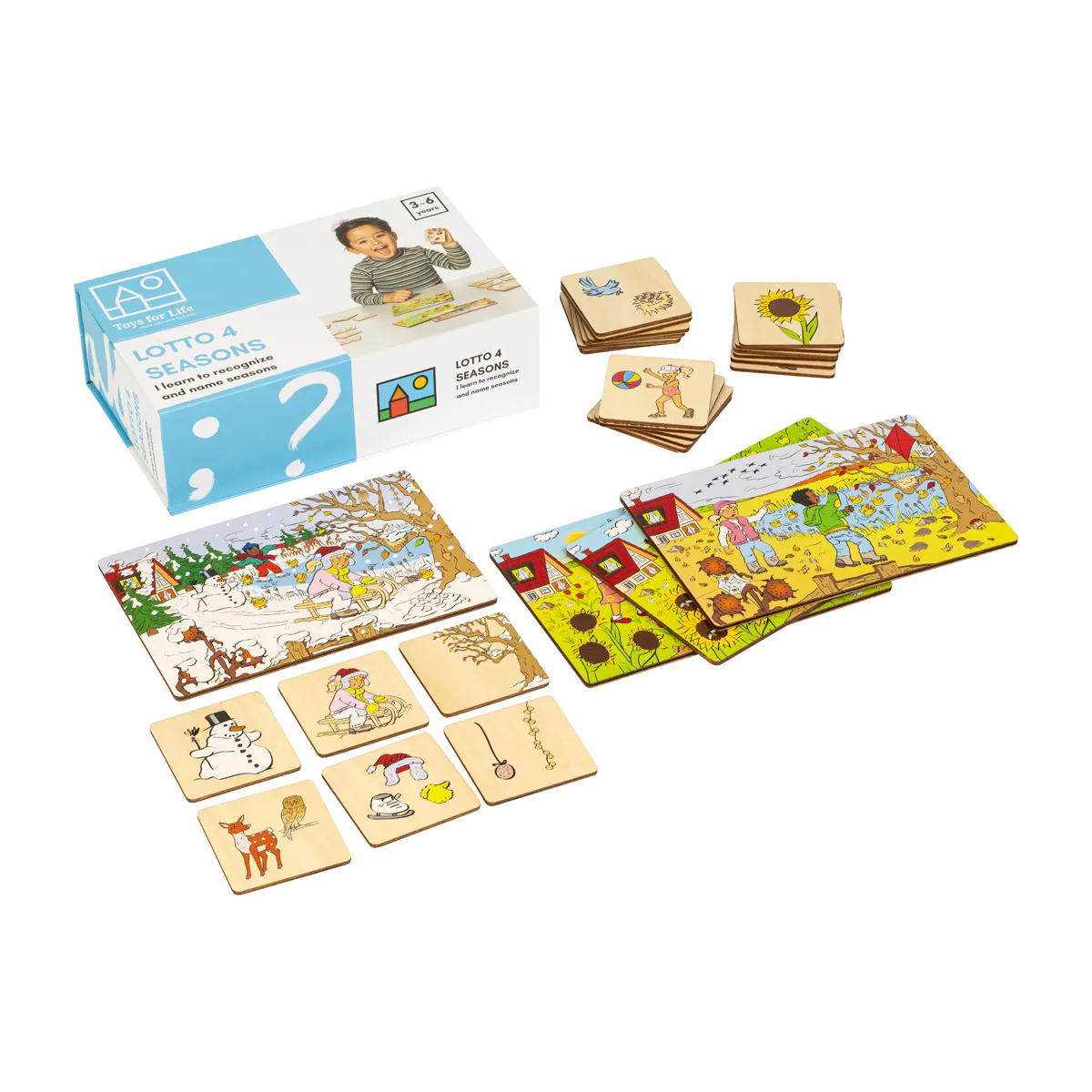 holzspiel, tierkarten, puzzlespiel, lernspiel, kartenstapel, Lotto, Saisons, Holzplättchen, illustrierte Karten, Kinderspiel