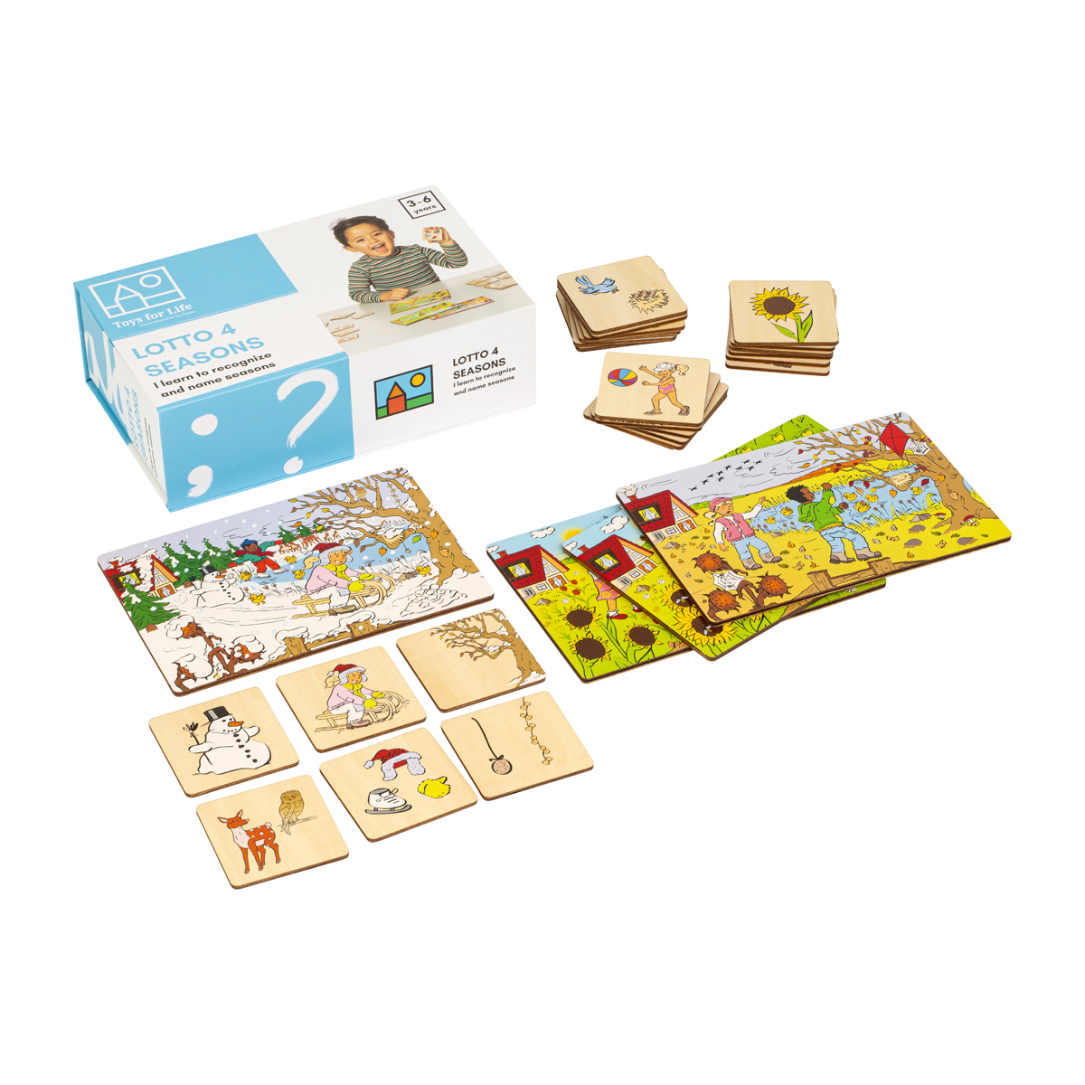 holzspiel, tierkarten, puzzlespiel, lernspiel, kartenstapel, Lotto, Saisons, Holzplättchen, illustrierte Karten, Kinderspiel