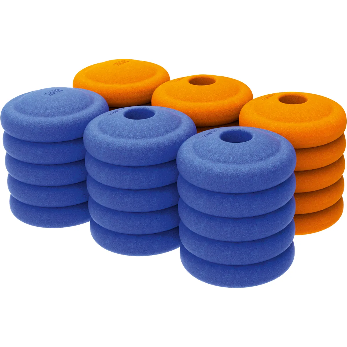 Puzzle, Handgewichte, Schaumstoffscheiben, bunte Scheiben, gestapelte Kissen, foam discs, stackable foam, balance discs, blue foam, orange foam