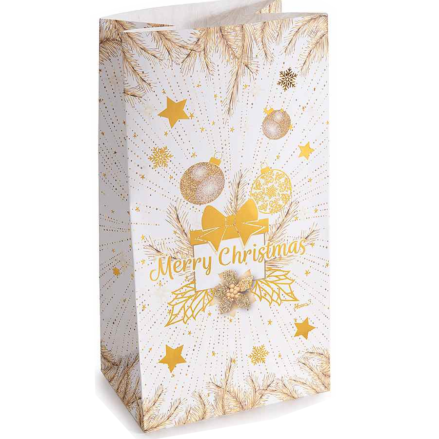 Weihnachtspapiertüte Gold mit Clip, Anhänger und Aufkleber Merry Christmas 14 auf Lager