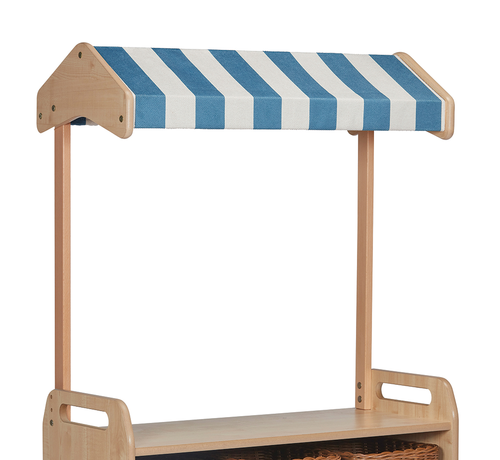 Strandkorb, Schutzdach, Stoffdach, blau gestreift, Holzgestell, bezeltisch, hautlaufschutz, markttisch, strandstuhl, holzrahmen, Kinderwagen, Kunststoff/Holzrahmen, Stoffdach, blau-weiß gestreift, Spielzeugregal