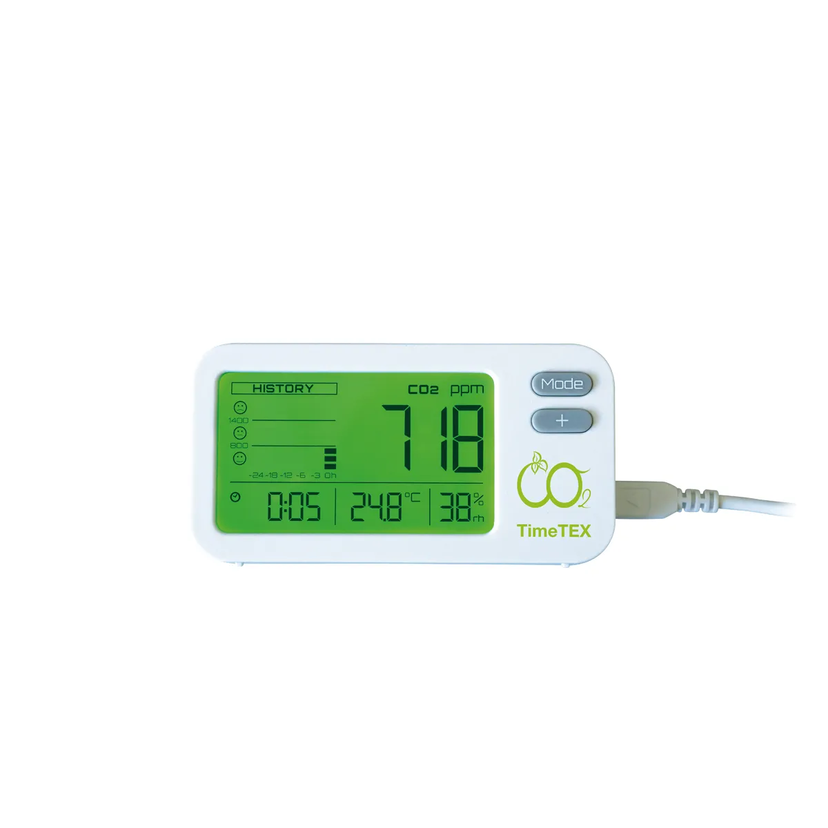 CO2 Monitor, Gadget, Digital display, White device, TimeTEX, CO2 Monitor, Digital Display, Grün beleuchtet, TimeTEX, USB Stromversorgung