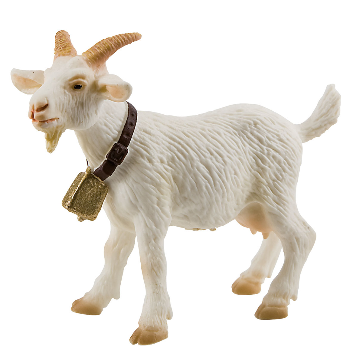 Ziegenfigur, weiße Ziege, Glocke Anhänger, Miniaturspielzeug, riesen toy, Ziegenfigur, Ziegen-Spielzeug, brauner Halsband, Glockenanhänger, weiße Ziege