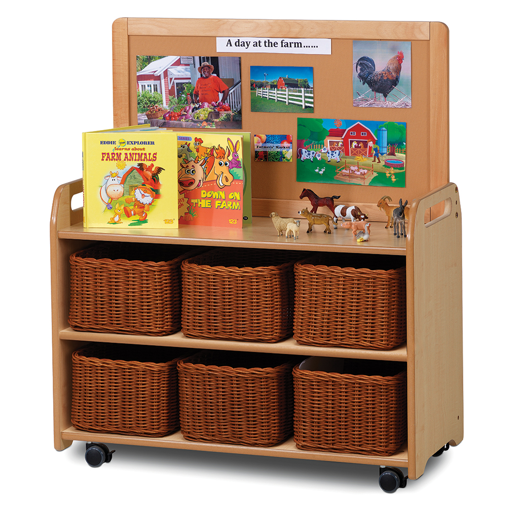 Kleines Regal, Holzregal, Spielzeugkiste, Wandrahmen mit Bildern, Aufbewahrungskorb, Kindertisch, Holztisch, Wagen, Regal, Aufbewahrung, Spieltisch, Bauernhof, Körbe, Kita-Regal, Holzregal, Körbe, Spielbücher, Farmspielzeug