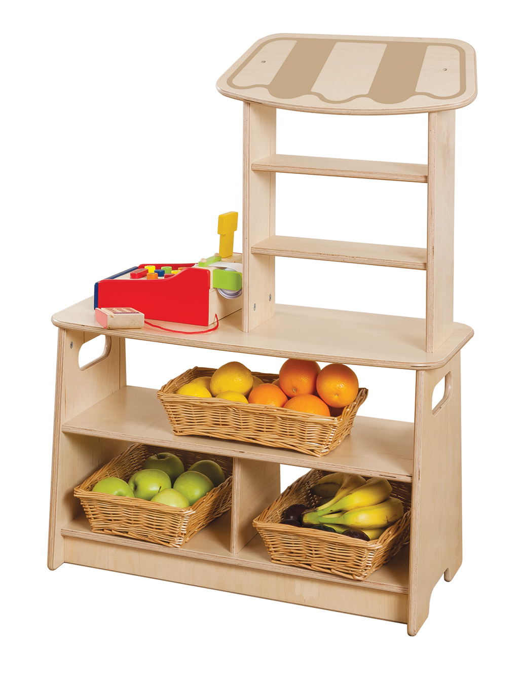 Holzspielzeug, Kaufladen, Marktstand, Früchtekorb, Spielzeugladen, Holzspielzeug, Holzregal, Obstkorb, Körbe, Kinderladen