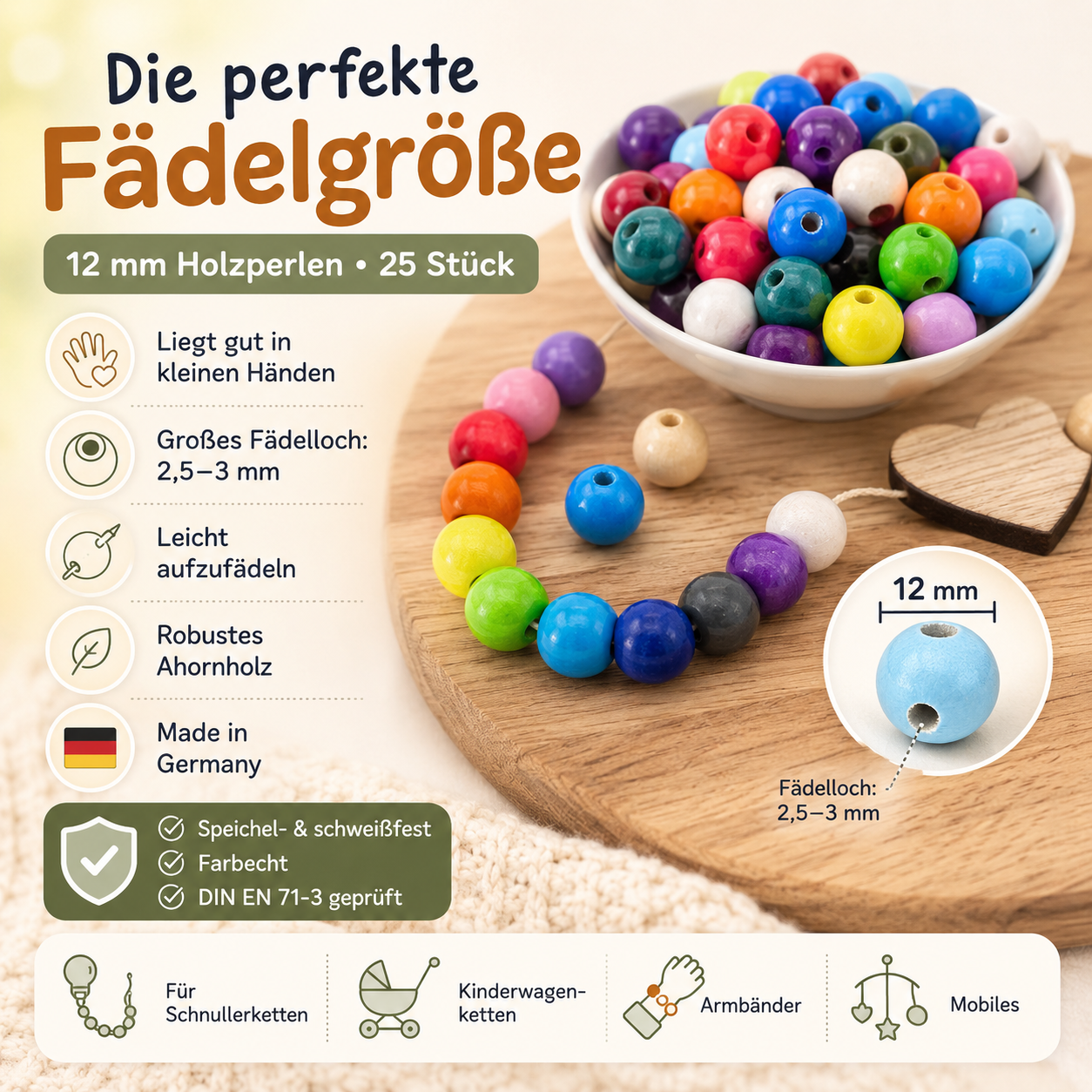 Holzperlen 12mm • 25 Stück