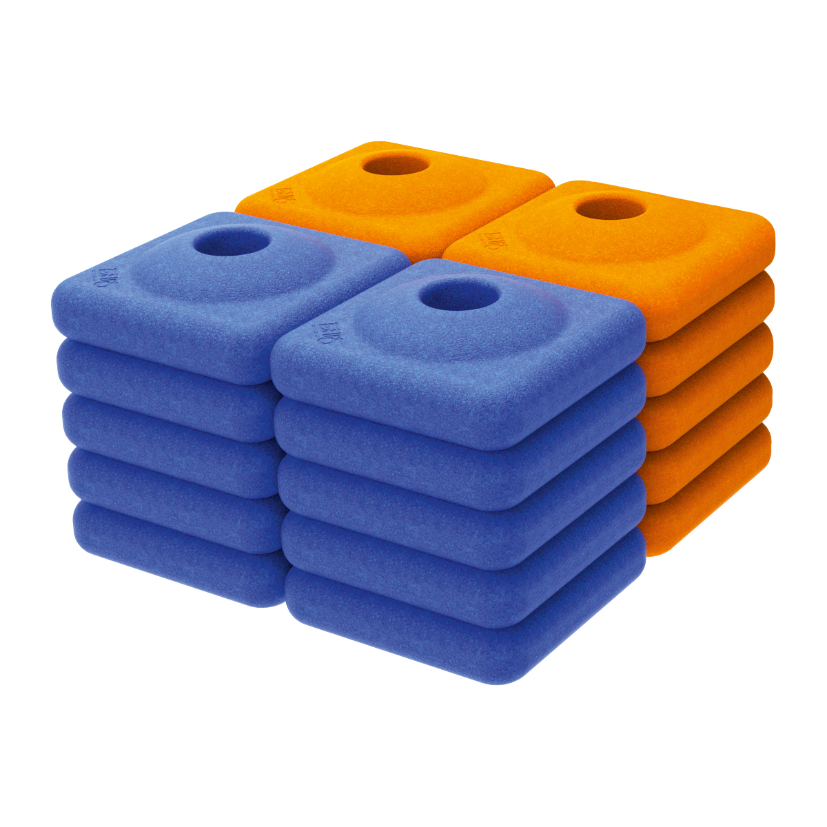 Schaumstoffblöcke, Schaumstoffwürfel, ineinandergreifende Blöcke, blauer Block, oranger Block