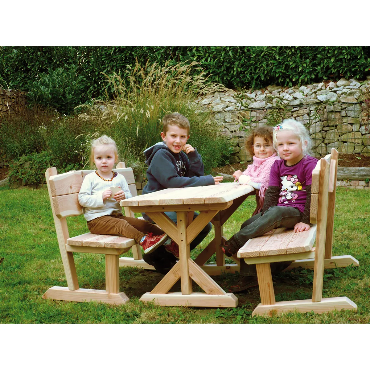 Holzterrassenset, Holzstuhl, Runder Tisch, Kindermöbel, Outdoor-Sitzgruppe, Kinderstuhlset, Holzstuhl, Holzstuhlgruppe, Gartenmöbel, Holztischset