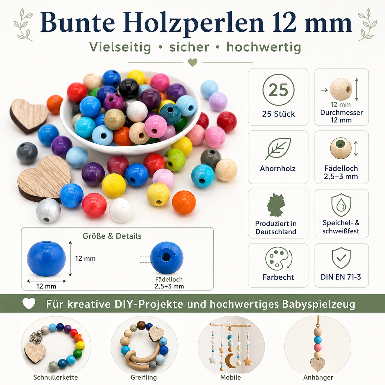 Holzperlen 12mm • 25 Stück