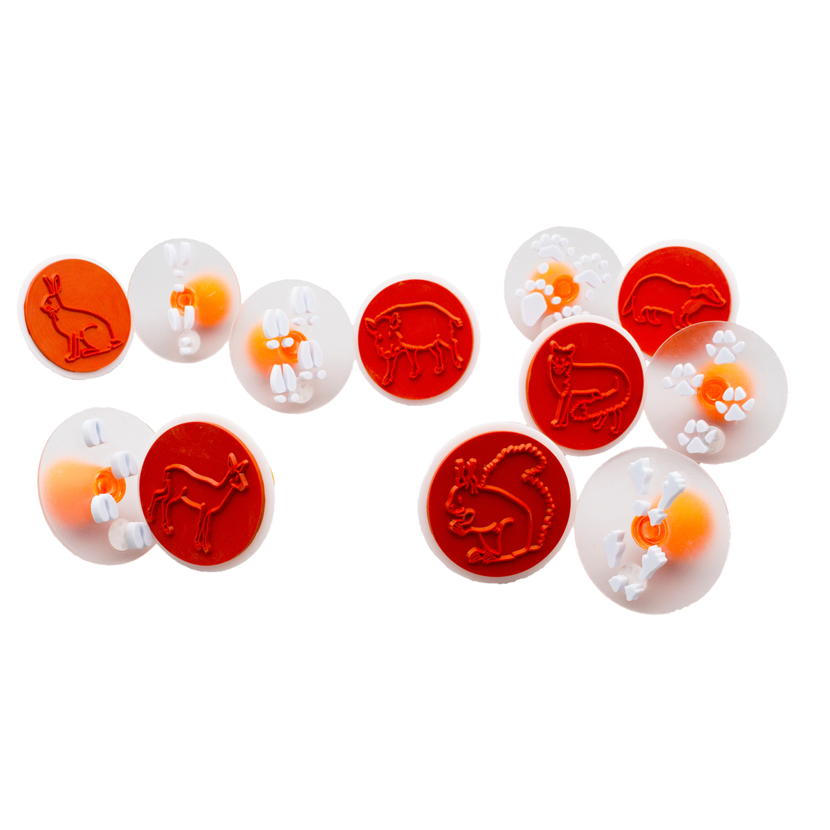 spielsteine, tiermotive, runde figuren, orange-rot, muster