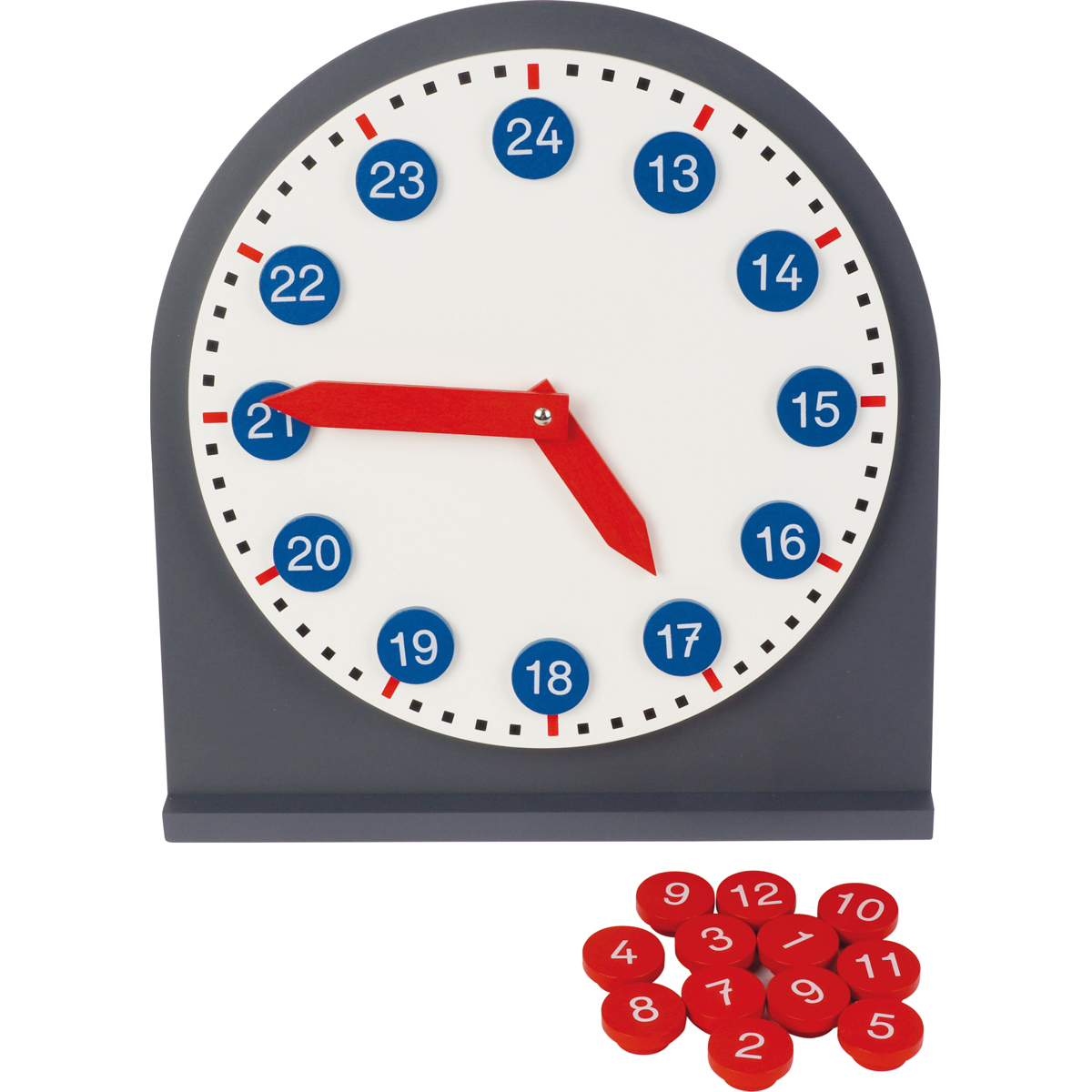 Uhr, Lernuhr, Stundezeiger, Minutezeiger, roteScheiben