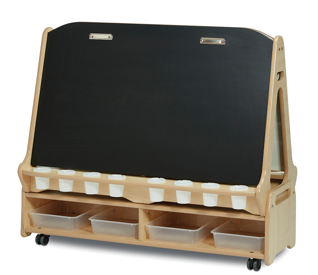 Schultafel, Kreideboard, Holzrahmen, Laufrollen, Zusatzbehälter, Kreidetafel, Kinderwerkbank, Holzkonstruktion, Aufbewahrungsregal, Rollkoffer