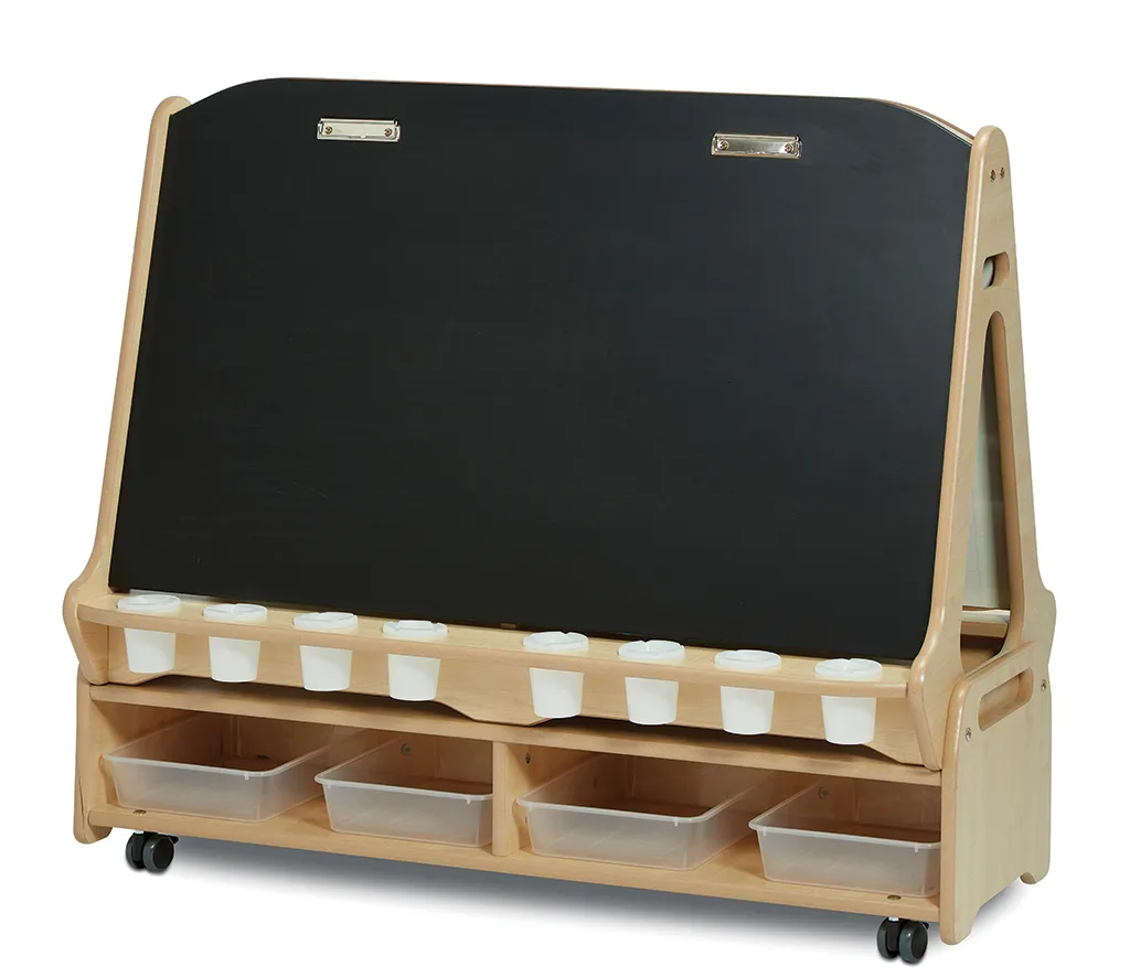 Schultafel, Kreideboard, Holzrahmen, Laufrollen, Zusatzbehälter, Kreidetafel, Kinderwerkbank, Holzkonstruktion, Aufbewahrungsregal, Rollkoffer