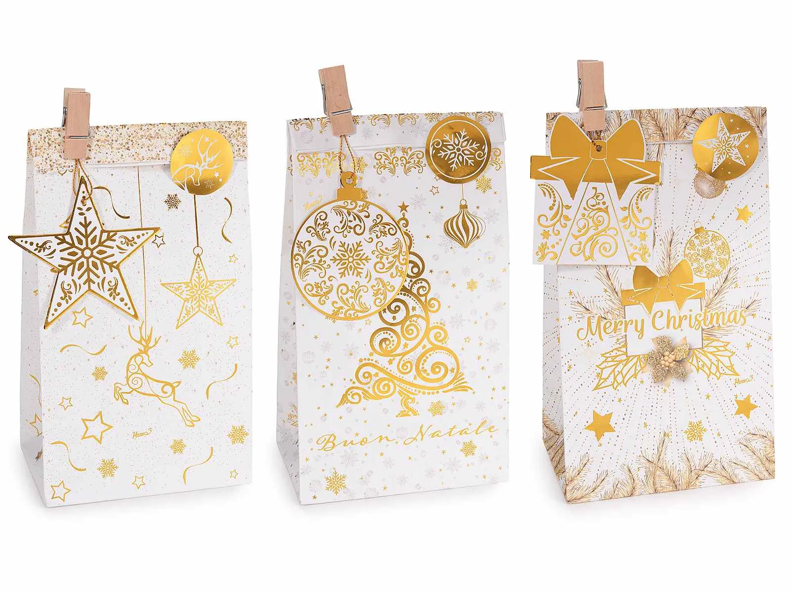 Weihnachtspapiertüte Gold mit Clip, Anhänger und Aufkleber