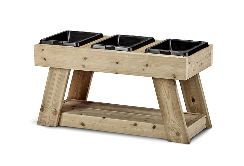 Holzwerkbank, Pflanzentopfhalter, Blumentisch, Holzgestell, 3 Bohrschalen, Holzwerkbank, Pflanzkübelhalter, Dreieckskonstruktion, Holzholzbank, Auflageboxen