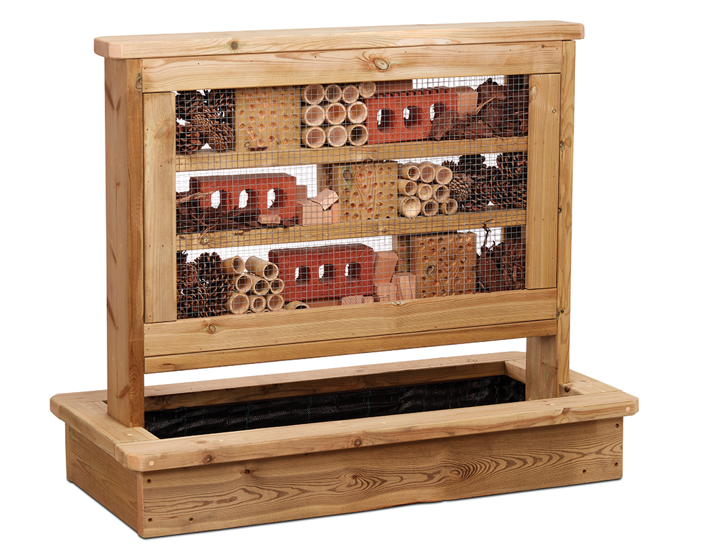 Insektenhotel, Wildlife-Habitat, Holzstruktur, Drahtgitter, Hohltubus, Insektenhotel, Hinweis: Naturholz, Schichtholz, Hängende Bienenwohnung, Konstruktion aus Holz