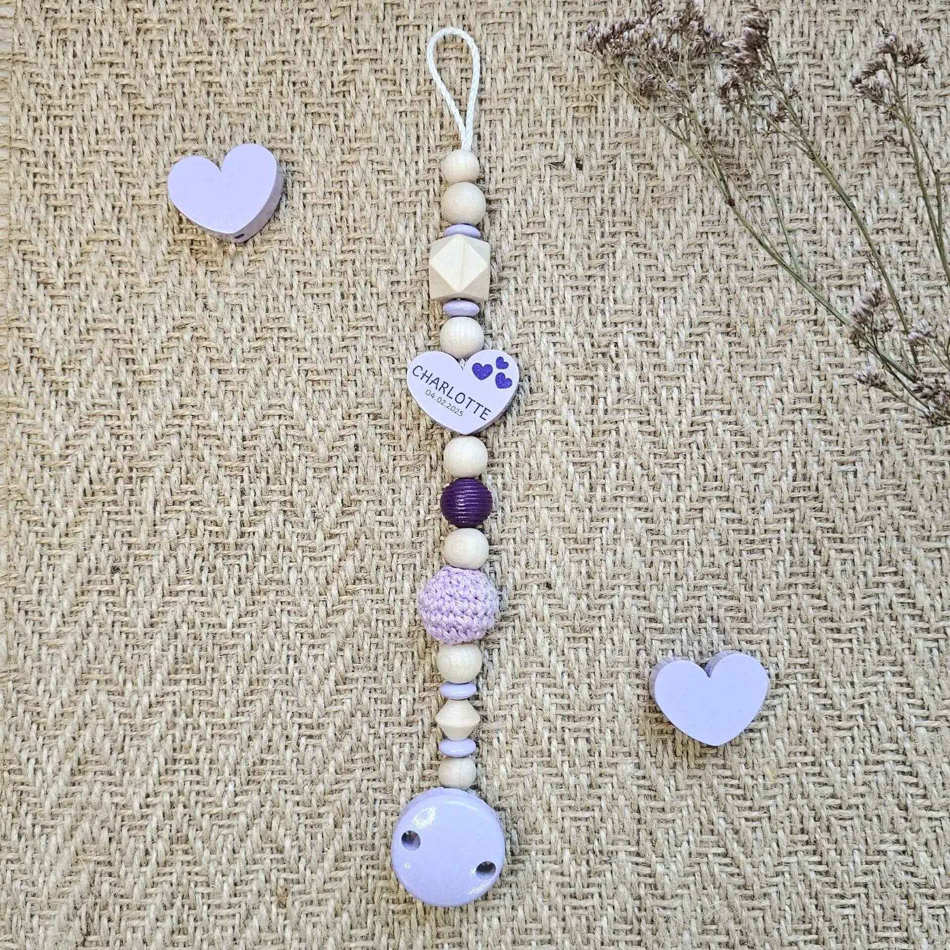 Personalized pacifier chain (craft kit) "Heart" lilac