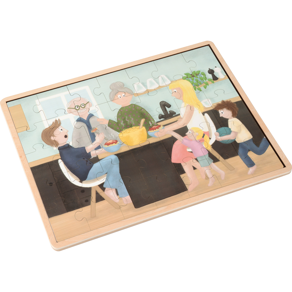 Puzzle, Kinder, Küche, Familien, Holzrahmen, Puzzle, Jigsaw, Familie, Küche, Kinder